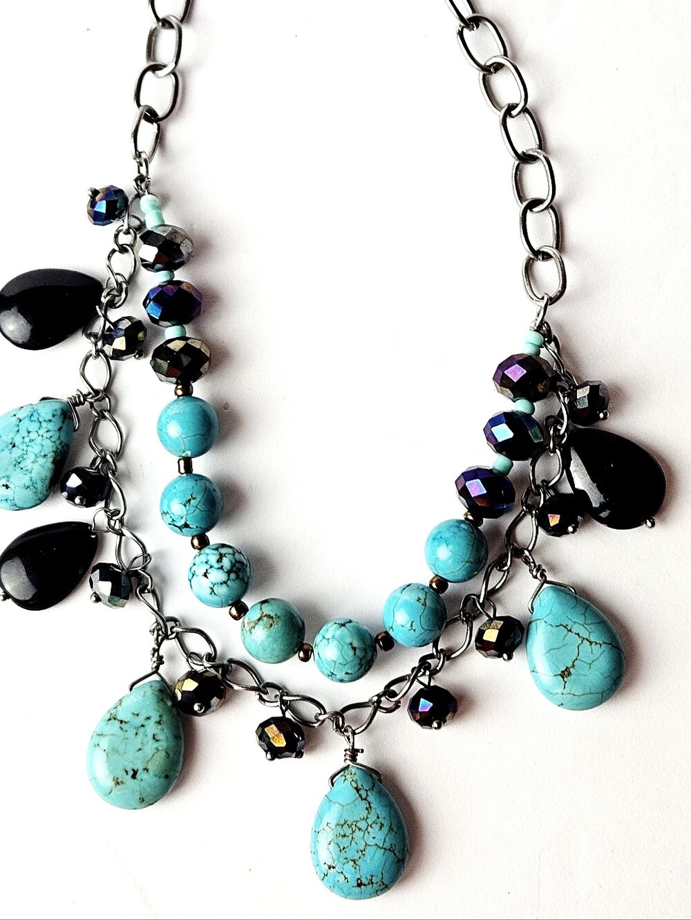 Chunky Turquoise & Black Bead Statement Necklace Boho Southwest Silver Tone Chai